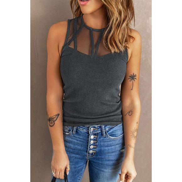 Azura Exchange  Gray Strappy Mesh Splicing Ribbed Tank Top - Picture 3 of 14